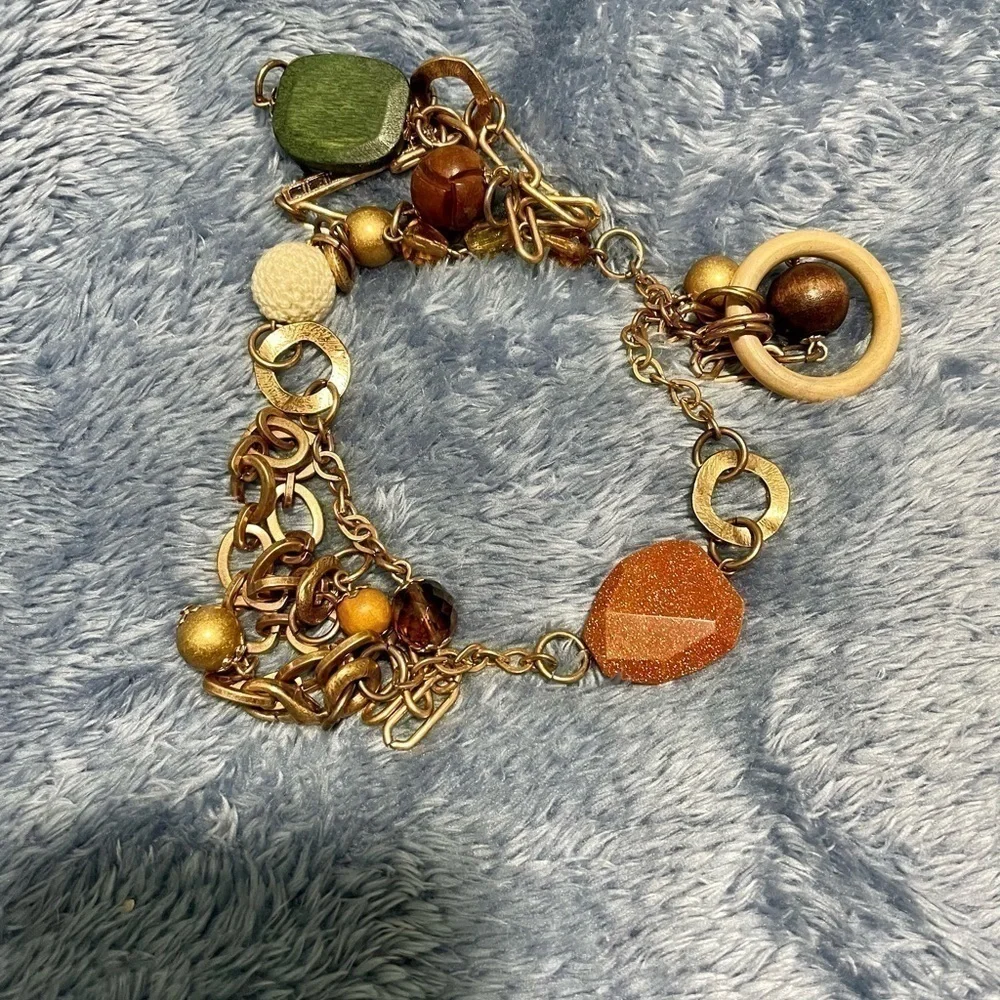 Bohemian Necklace Gold-tone With Cloth, Hand-carved Wooden Beads 23” Length - Picture 6 of 8